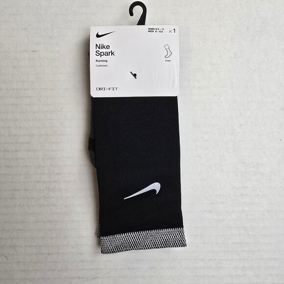 Nike Spark Running Crew Socks Size W9.5-11/M8-9.5 Black Cushioned Dri-Fit - Picture 1 of 3